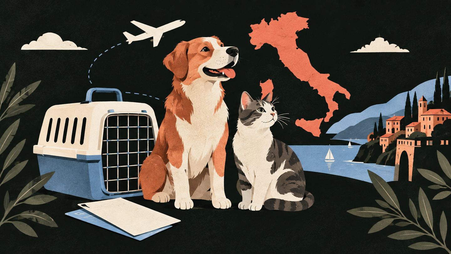 An editorial paper collage of a generic dog and cat beside a travel carrier, blank papers and an abstract coral silhouette of Italy