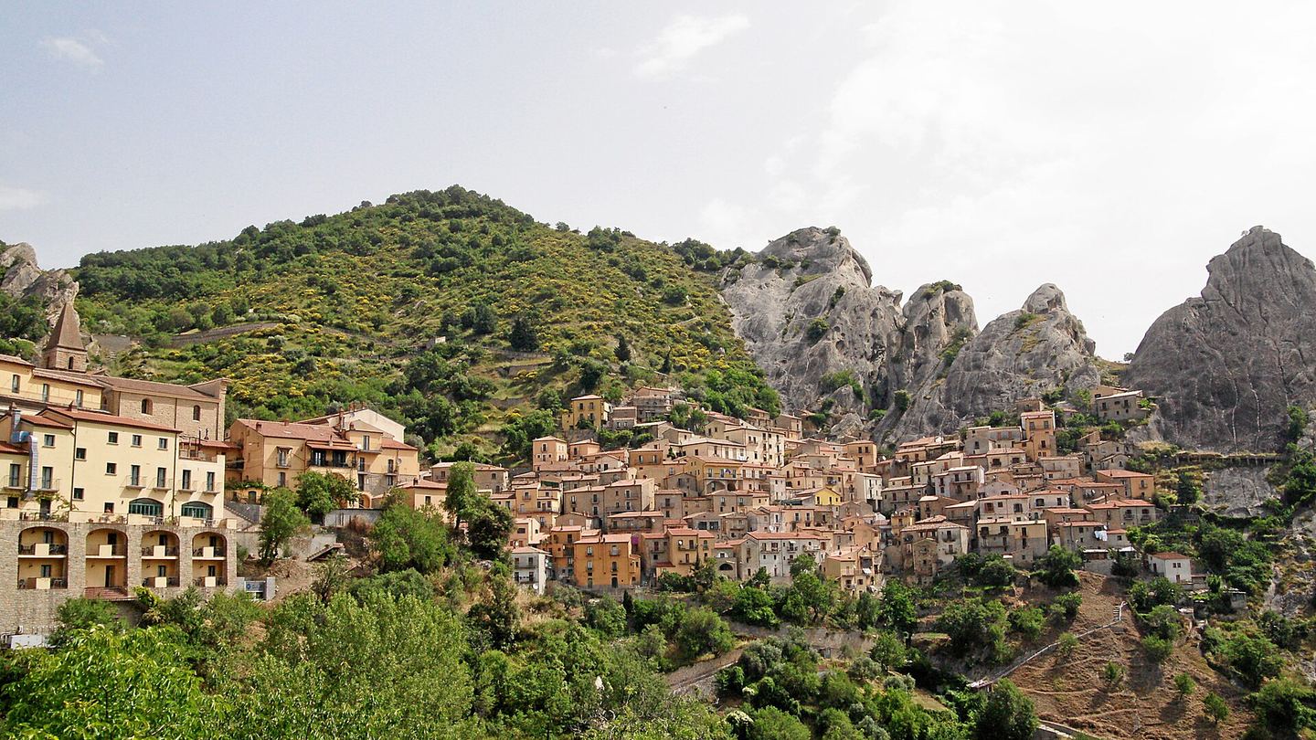 Castelmezzano clustered beneath the jagged Lucanian Dolomites