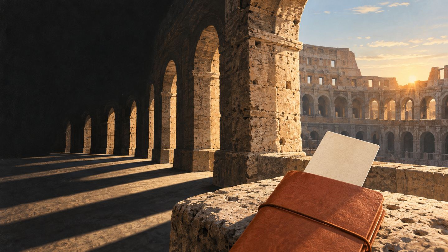 An editorial illustration of ancient Roman stone arches with a blank generic admission slip and terracotta travel notebook