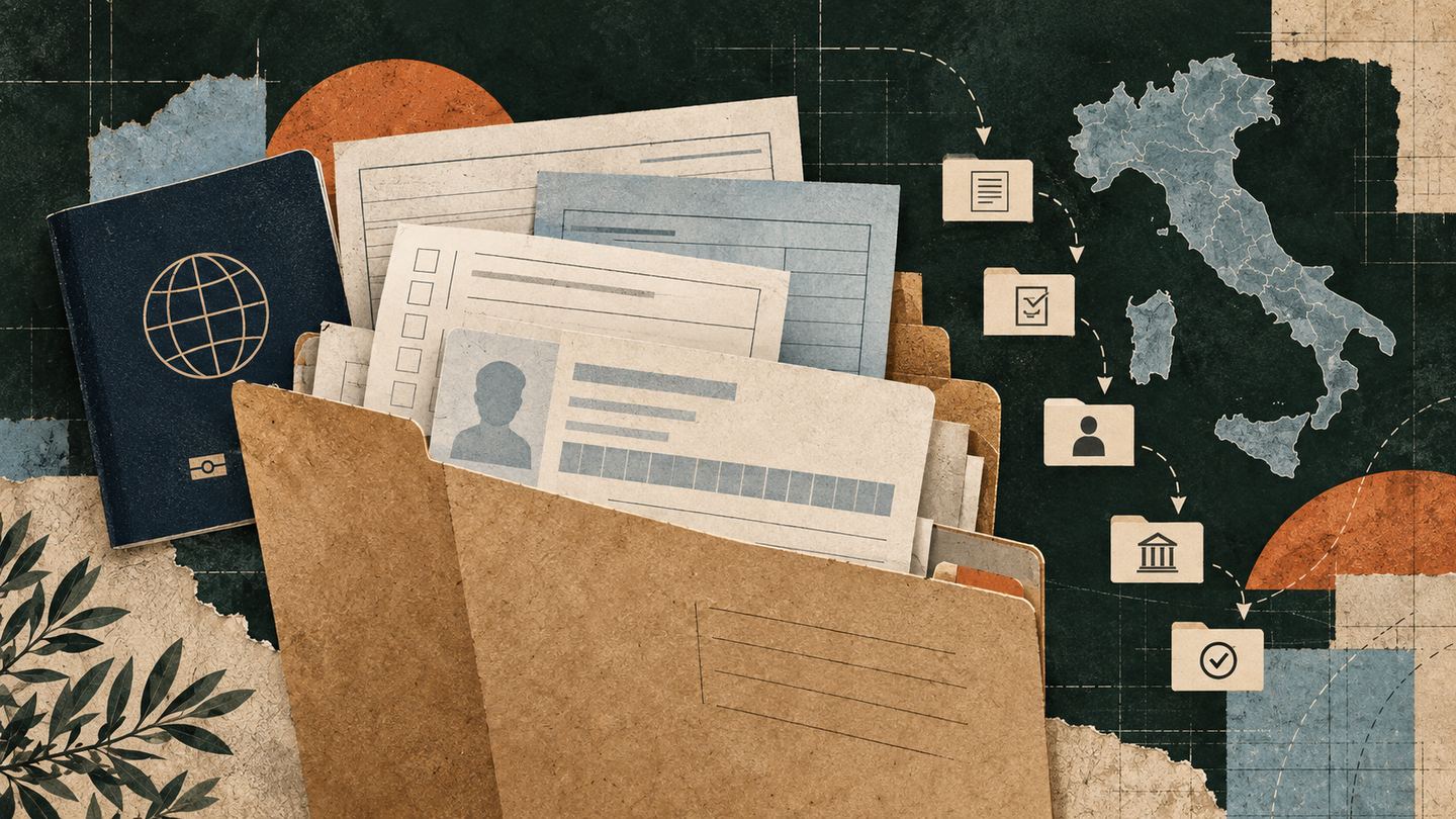 An editorial collage of an imagined identity file, blank forms and a routing path toward a map of Italy