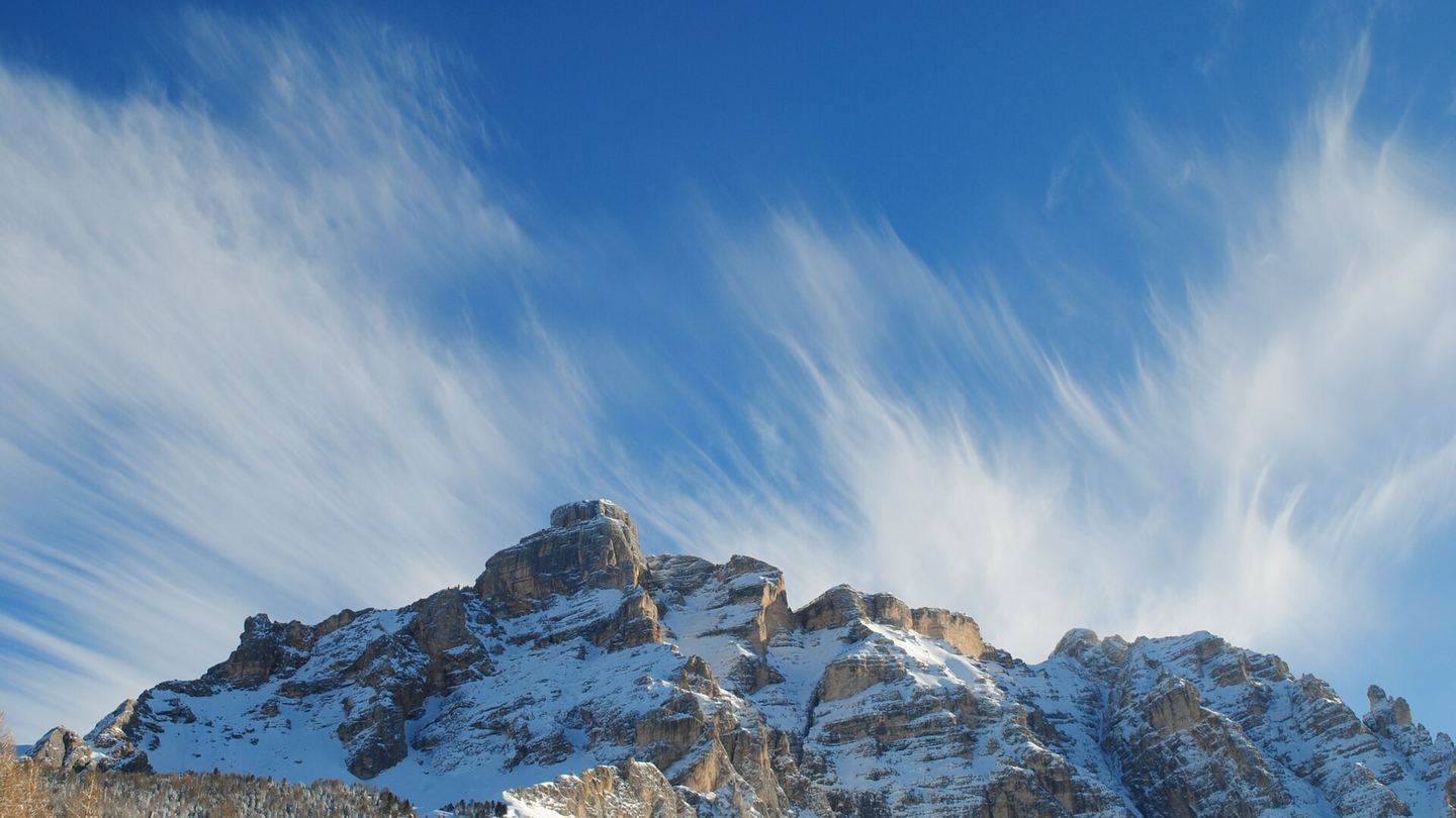 Snow-covered Dolomite peaks under a winter sky in January