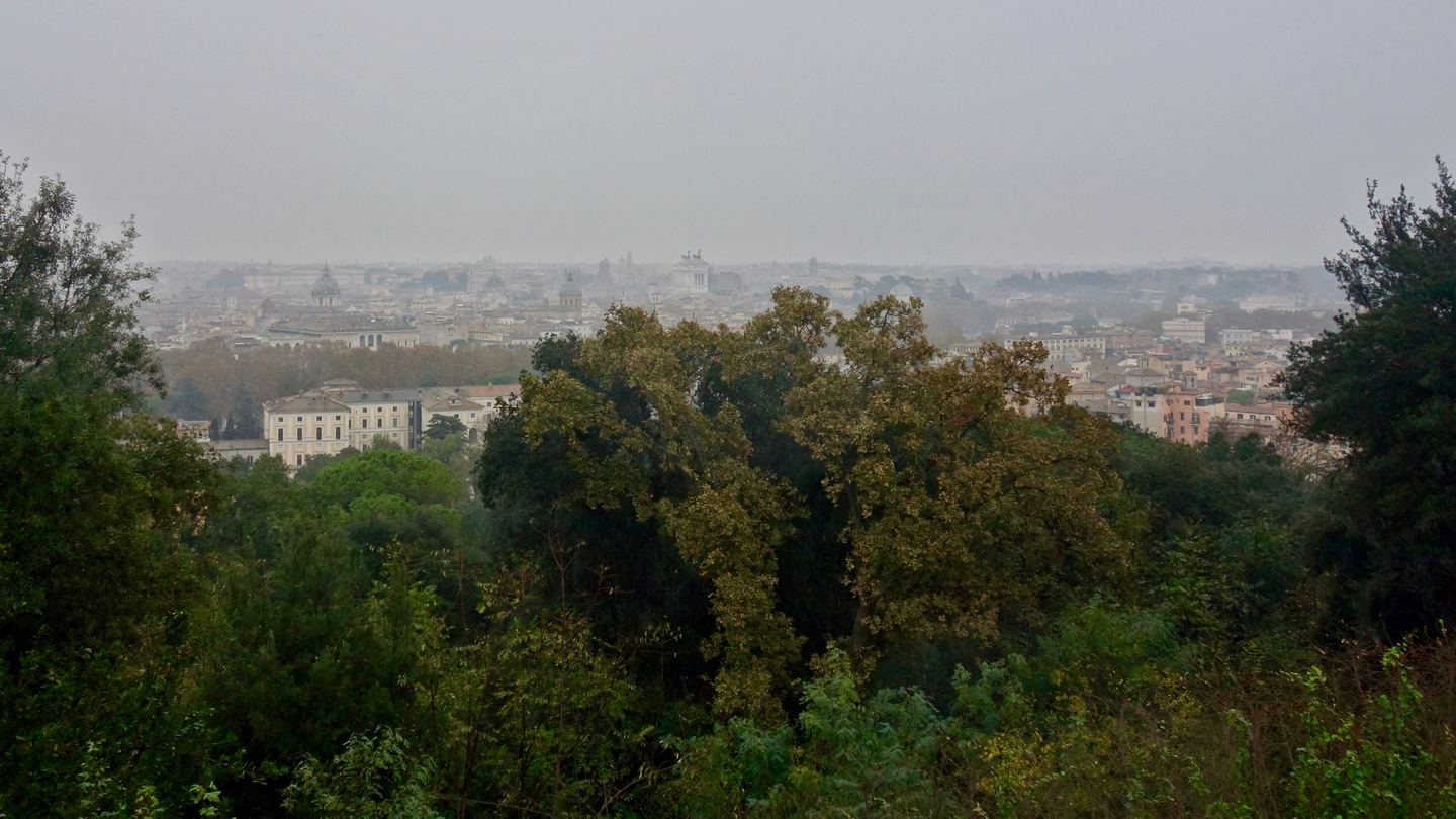 Rainy November panorama of Rome from Janiculum Hill, with the city softened by mist beyond late-autumn trees