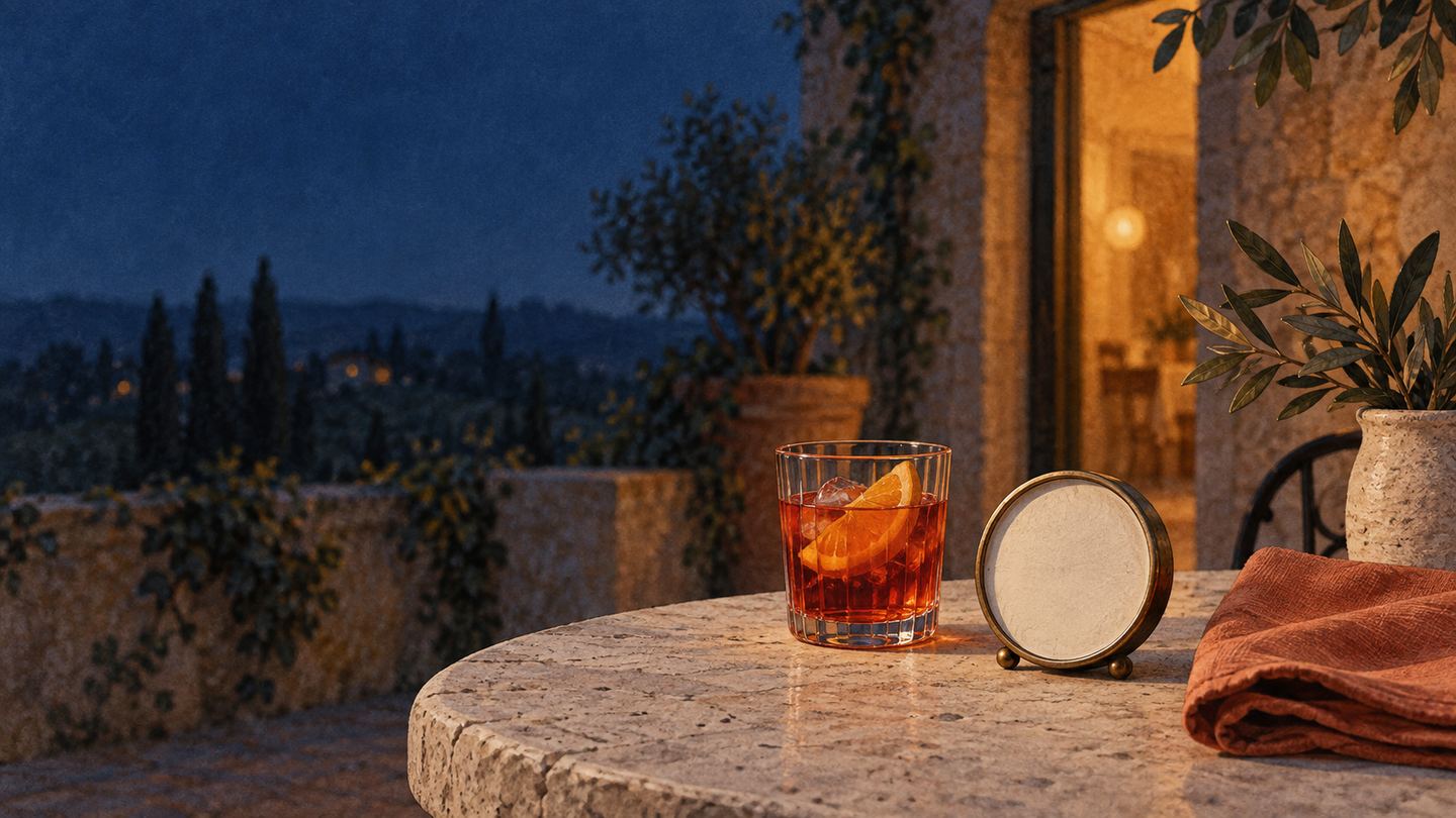 An editorial illustration of a blank analogue clock beside an aperitivo glass on a blue-hour stone terrace