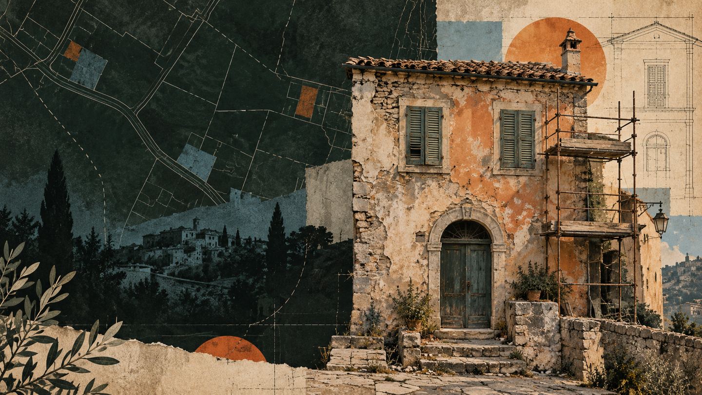 An editorial collage of an imagined weathered Italian house, scaffolding and cadastral parcel lines