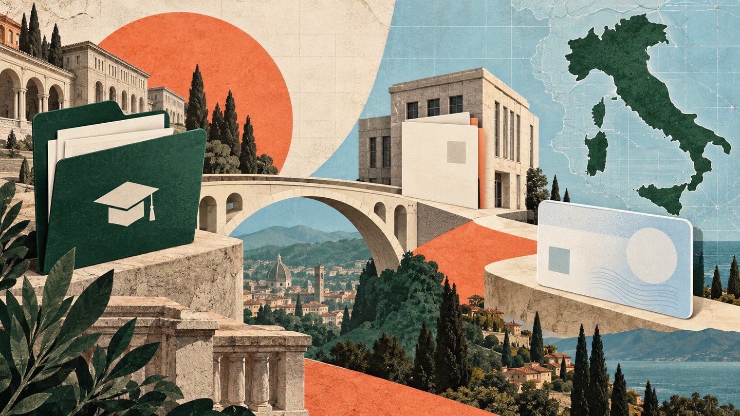 An editorial collage of an imagined university file crossing a bridge toward Italy and a blank residence card