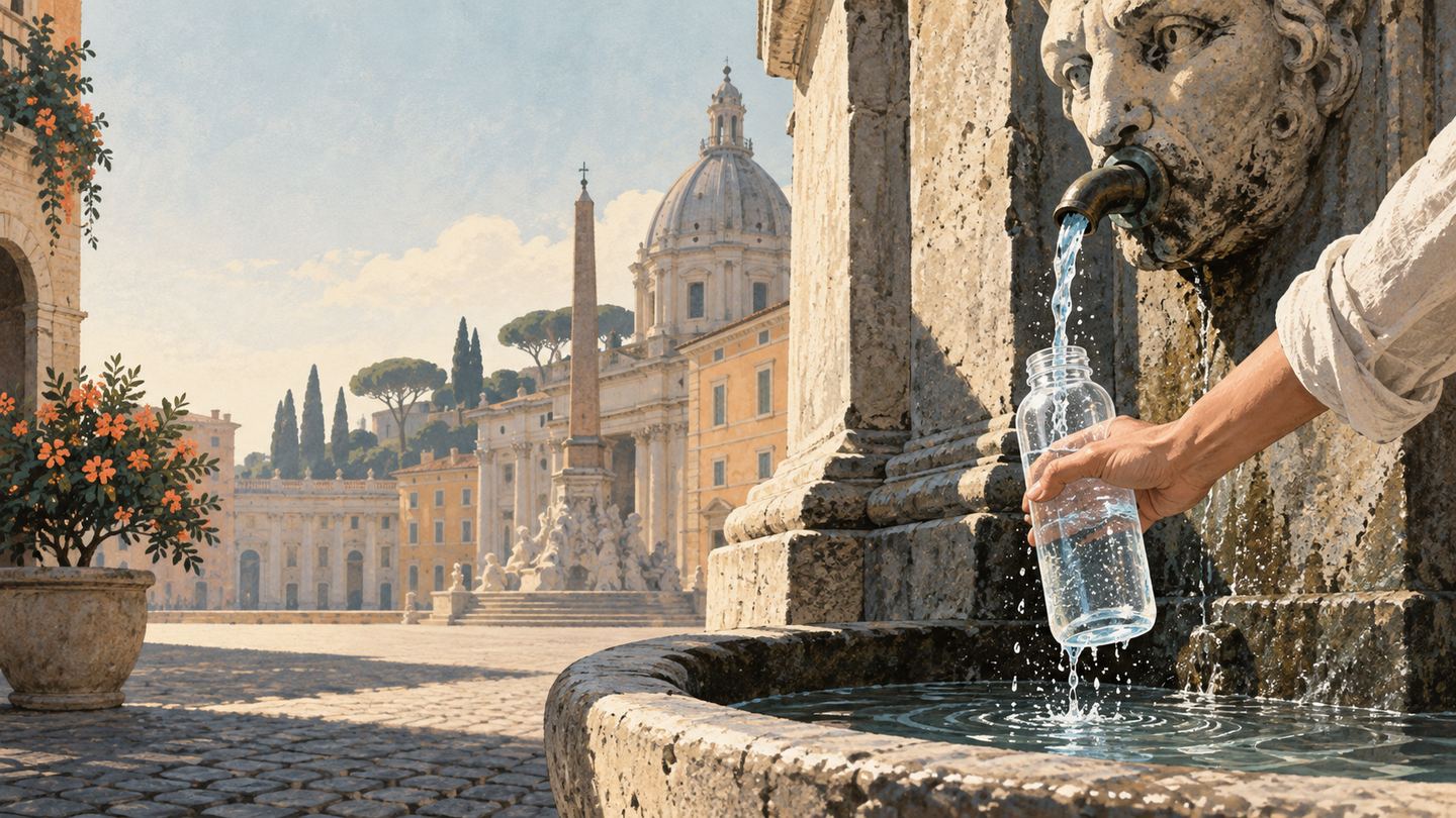 An editorial illustration of a hand refilling a clear bottle from an unbranded stone fountain in an Italian piazza