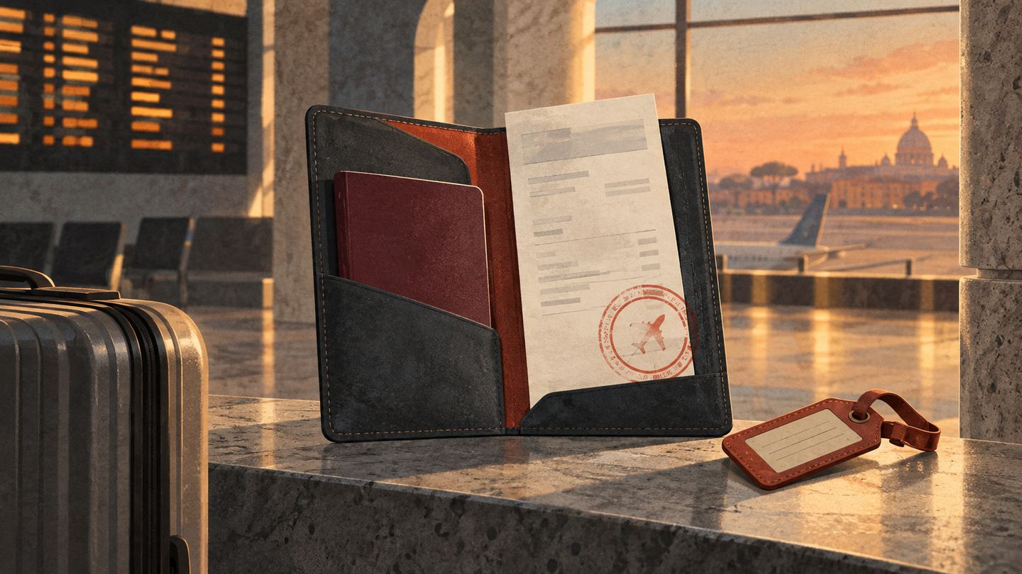 An editorial illustration of an unbranded document folder, travel tag and generic invoice at a departure hall