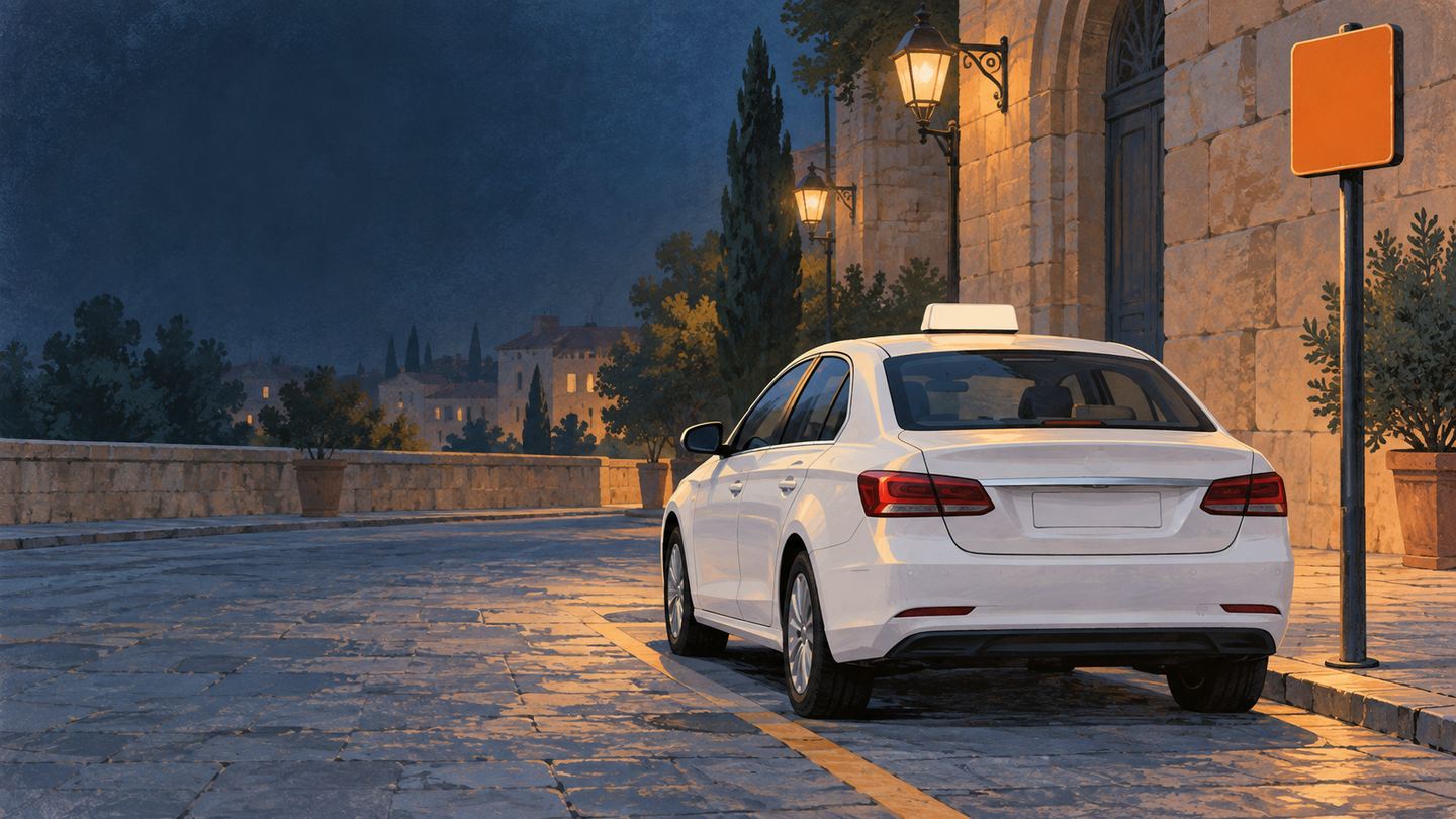 An editorial illustration of an imagined white taxi with a blank roof sign beside a generic evening taxi rank