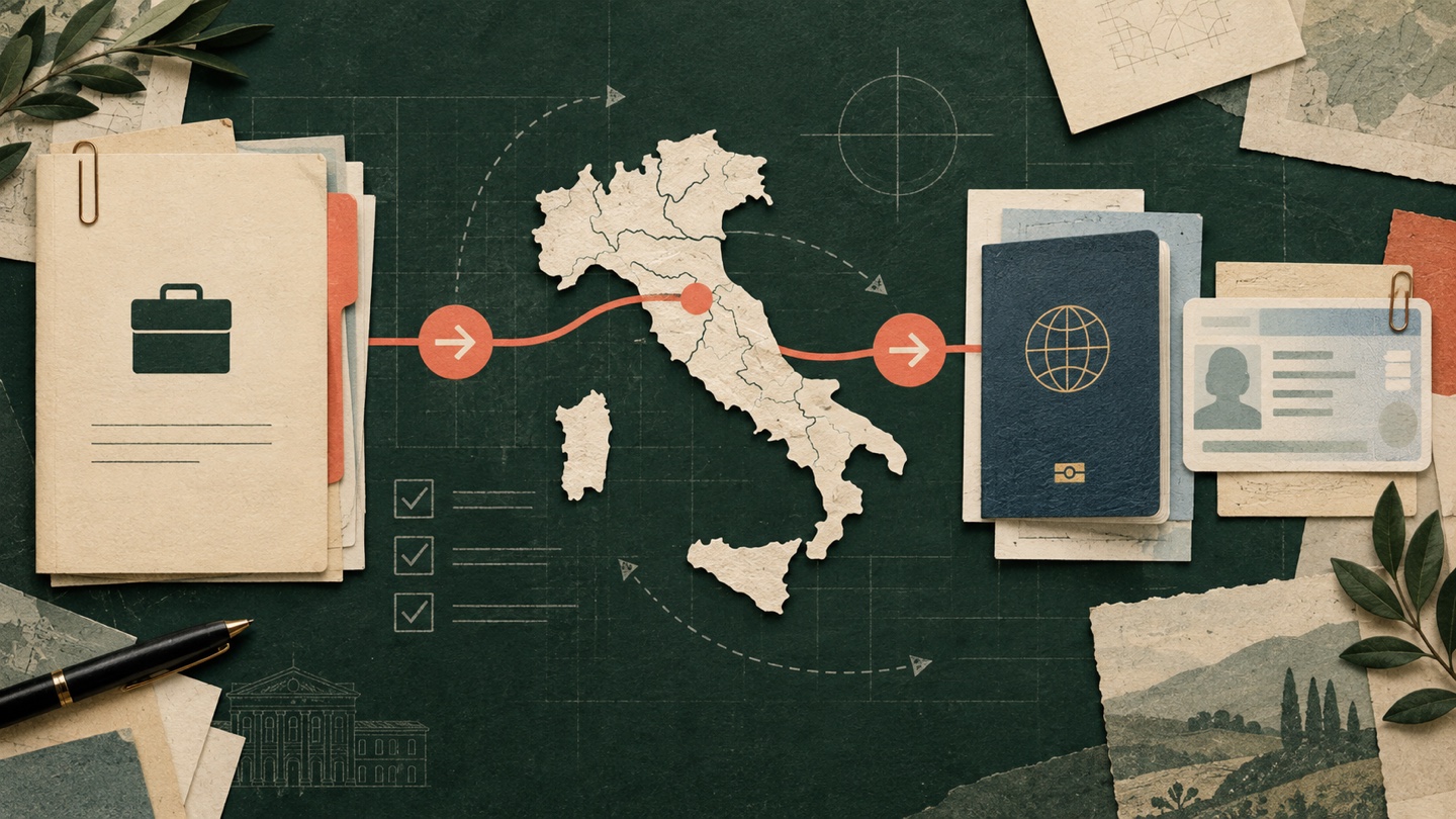 An editorial collage of an imagined employment file routed through Italy toward a generic travel booklet and residence card