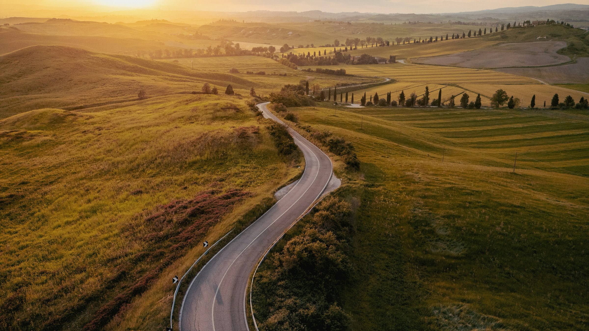 A winding road through golden Tuscan hills in warm evening light