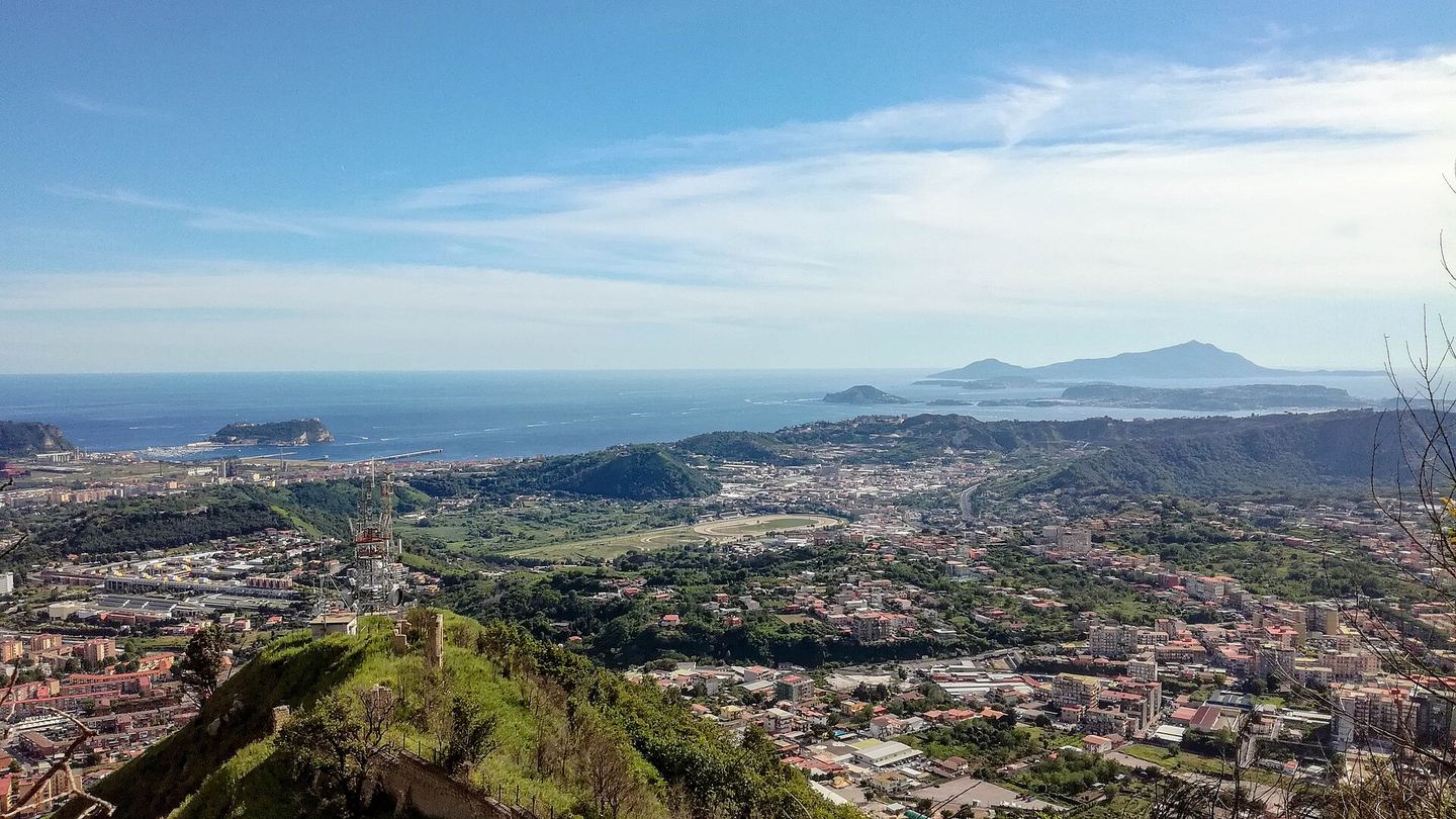 The volcanic Campi Flegrei landscape and Bay of Pozzuoli from above