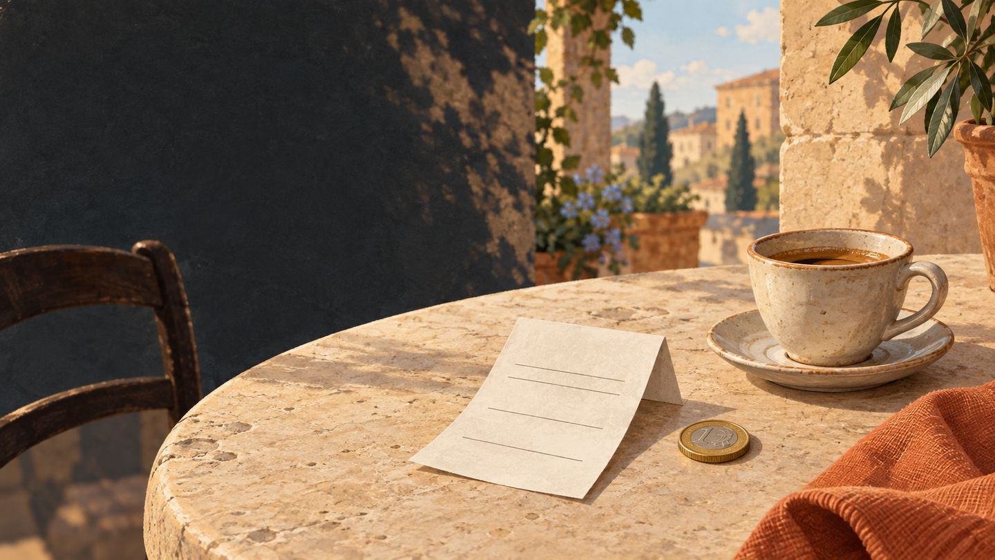 An editorial illustration of a blank folded restaurant bill, an espresso cup and an unmarked coin on a warm stone table