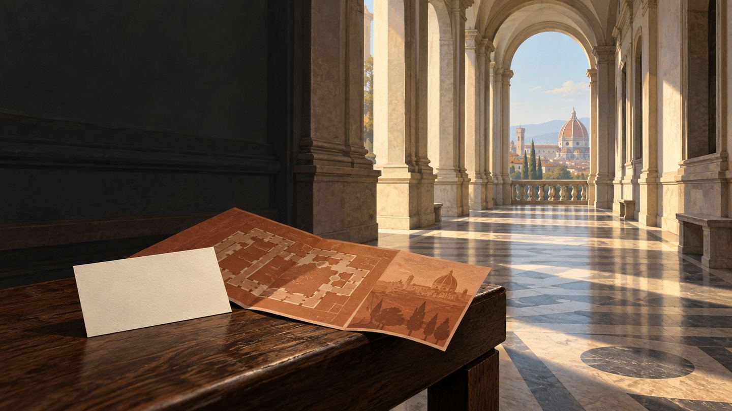 An editorial illustration of a sunlit Italian gallery corridor with a blank generic admission card and terracotta folded map