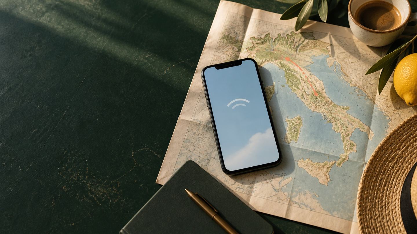 An unbranded smartphone on a paper map of Italy with a simple connection symbol