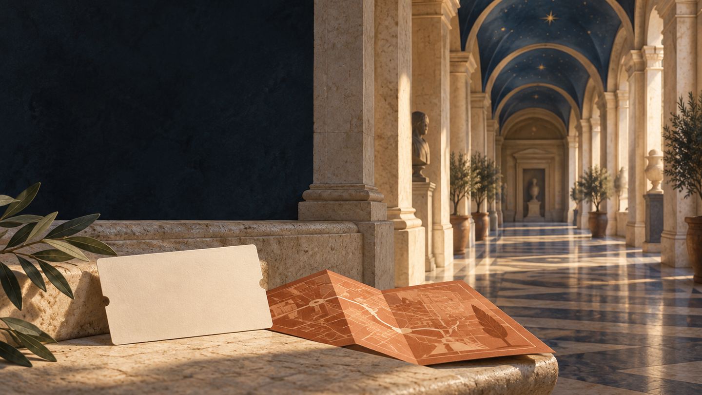 An editorial illustration of an imagined stone museum passage with a blank generic admission card and folded terracotta route map